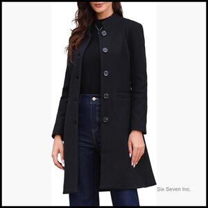 Polyester Pea Coat with Stand Collar and Side Pockets